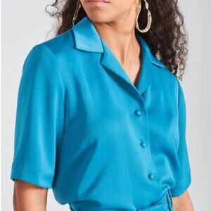 ZENA PRESLEY Teal Satin Drapey Button Front Shirt Top Mob Wives - Women's Sz M